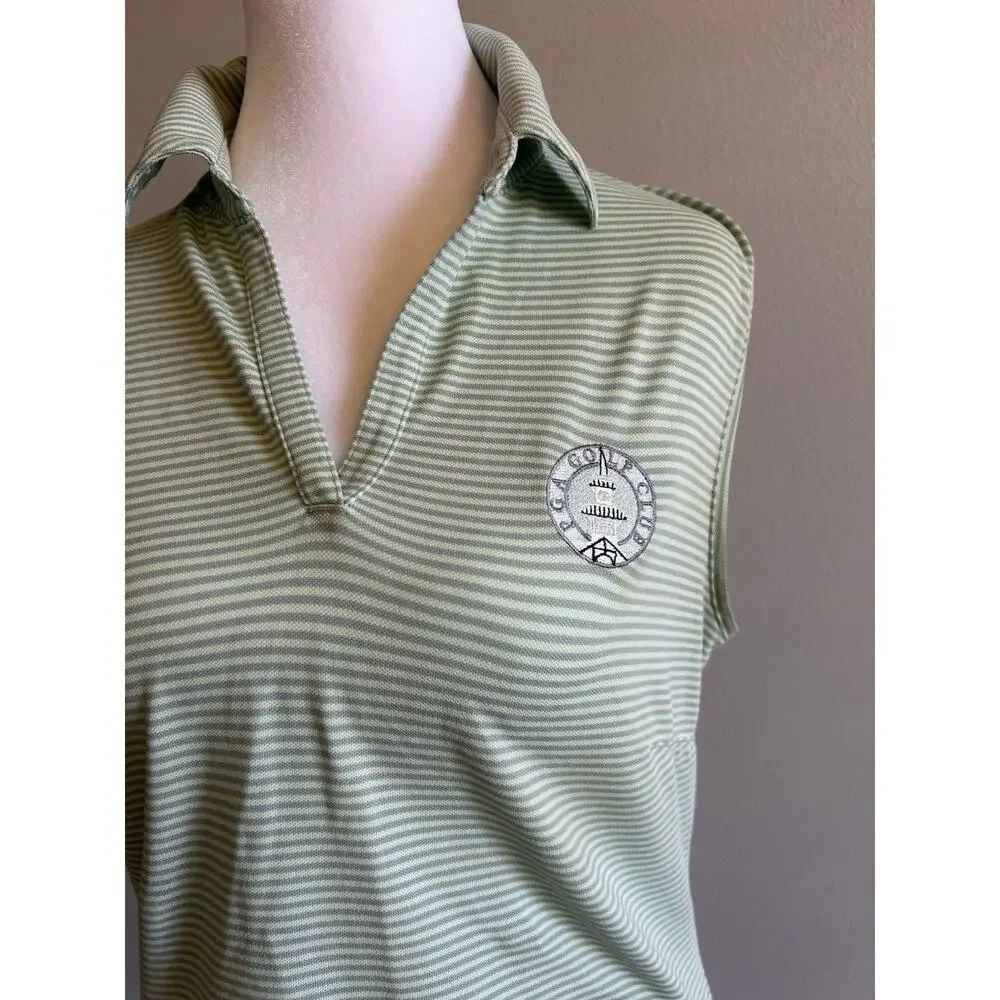 Nike Golf Shirt Womens Green White Striped Sleeveless Polo Tank Logo PGA Tour S